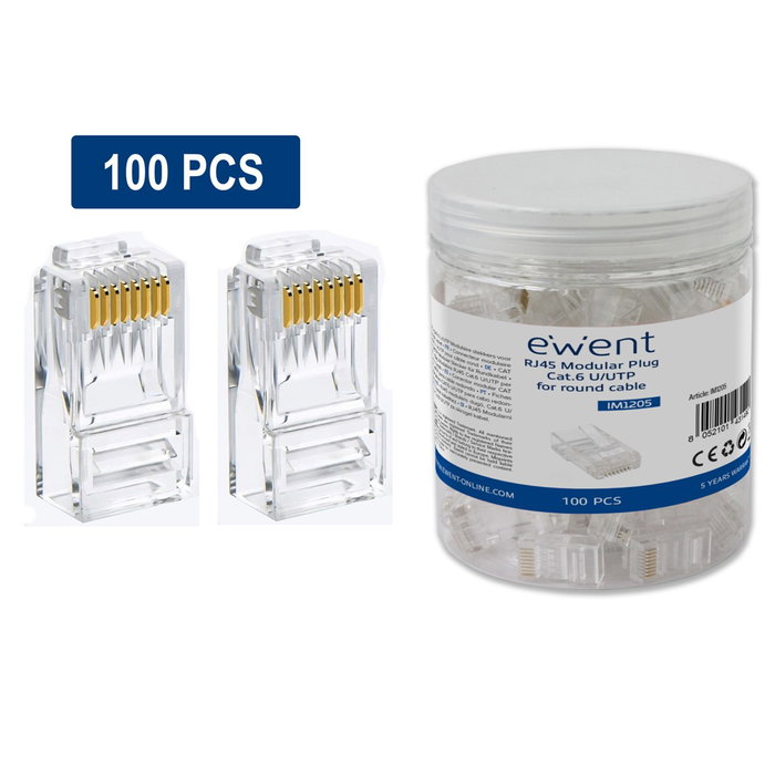 Ewent IM1205 Connecteur RJ45 Cat.6 U/UTP pour câble rond, 100 pièces Ewent IM1205 Connecteur RJ45 Cat.6 U/UTP pour câble rond, 100 pièces