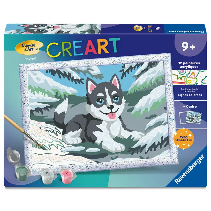 Ravensburger CreArt Kids 12023226 - Kit de peinture par numéros Huski dans la neige avec cadre - Tableau 18x24 cm pré-peint - À partir de 7 ans Ravensburger CreArt Kids 12023226 - Kit de peinture par numéros Huski dans la neige avec cadre - Tableau 18x24 cm pré-peint - À partir de 7 ans