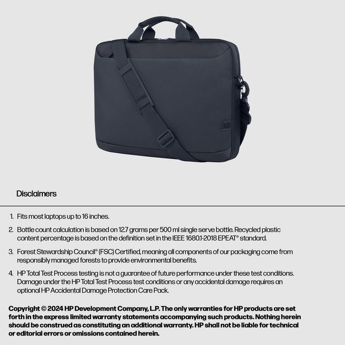 HP Sacoche PC Portable 16 Pouces, Mallette Protection, Compartiment Matelassé, Résistante à l'Eau, 12L, Polyester 600D Recyclé, Garantie 3 Ans