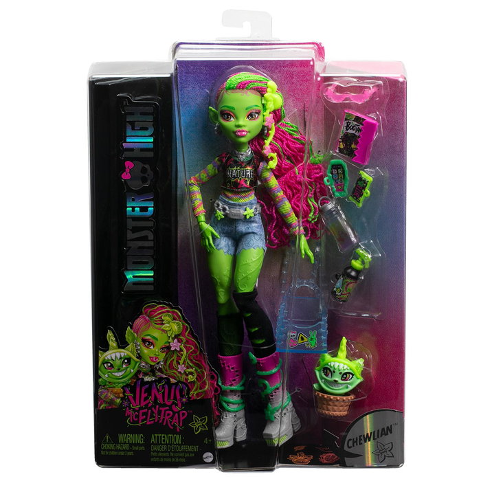 Poupée Monster High Venus McFlytrap HRP81 Mattel avec accessoires (mochila, gafas de sol, iCoffin) et son chat Chewlian - Jeu d'imagination pour enfants dès 4 ans