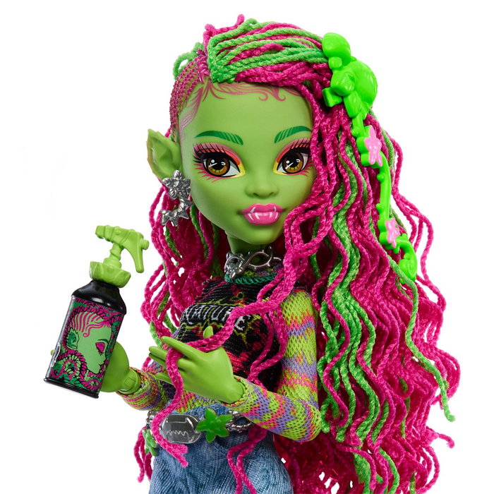 Poupée Monster High Venus McFlytrap HRP81 Mattel avec accessoires (mochila, gafas de sol, iCoffin) et son chat Chewlian - Jeu d'imagination pour enfants dès 4 ans