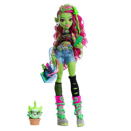 Poupée Monster High Venus McFlytrap HRP81 Mattel avec accessoires (mochila, gafas de sol, iCoffin) et son chat Chewlian - Jeu d'imagination pour enfants dès 4 ans