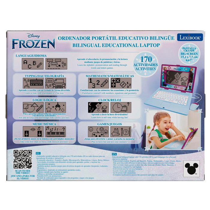 Lexibook Ordinateur Portable Educatif Bilingue Anglais/Espagnol Frozen pour Enfants +4 ans - 170 Activités, Licence Disney - Modèle Jc599Fzi2