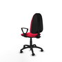 Chaise de bureau Algarra avec mécanisme de contact permanent de base, recouverte de tissu rouge. Équipée d'une base en polyamide noir, d'accoudoirs fixes et de roulettes pour parquet