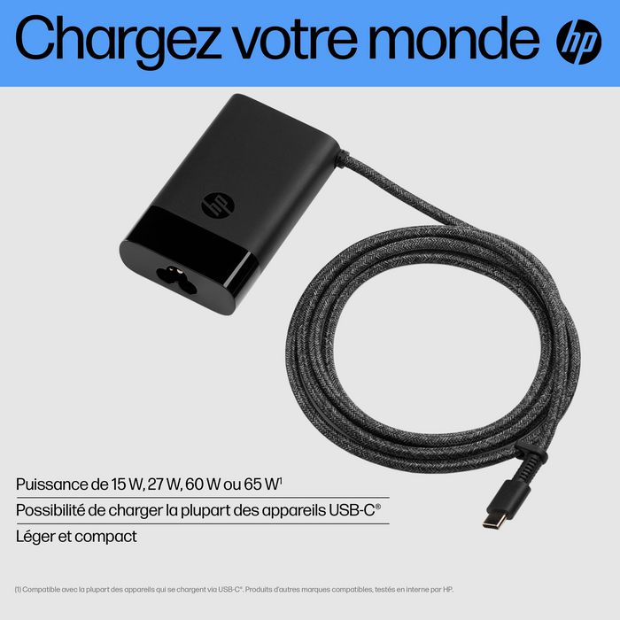 HP Chargeur secteur USB-C 65 W pour ordinateur portable, tablette et téléphone - Compact et universel avec câble