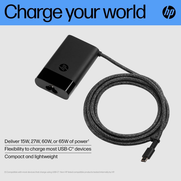 HP Chargeur secteur USB-C 65 W pour ordinateur portable, tablette et téléphone - Compact et universel avec câble