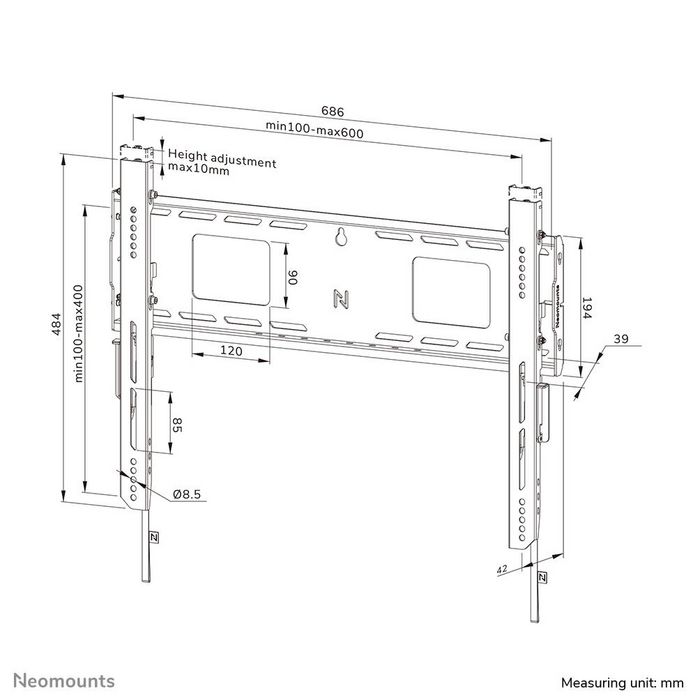 Neomounts WL30, Support Mural Fixe Robust pour Écran de 42 à 86 Pouces jusqu'à 125 kg, Compatible VESA, avec Gestion de Câbles, Noir