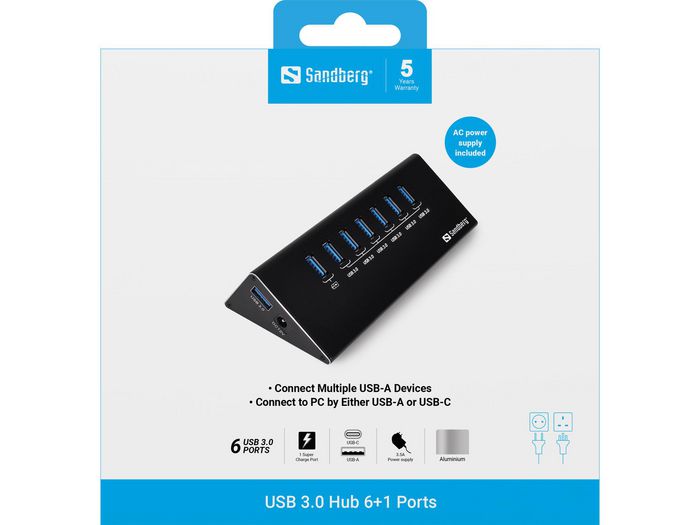 Sandberg Hub USB 3.0 avec 6 ports de données et 1 port de charge - Concentrateur USB pour PC avec alimentation secteur incluse