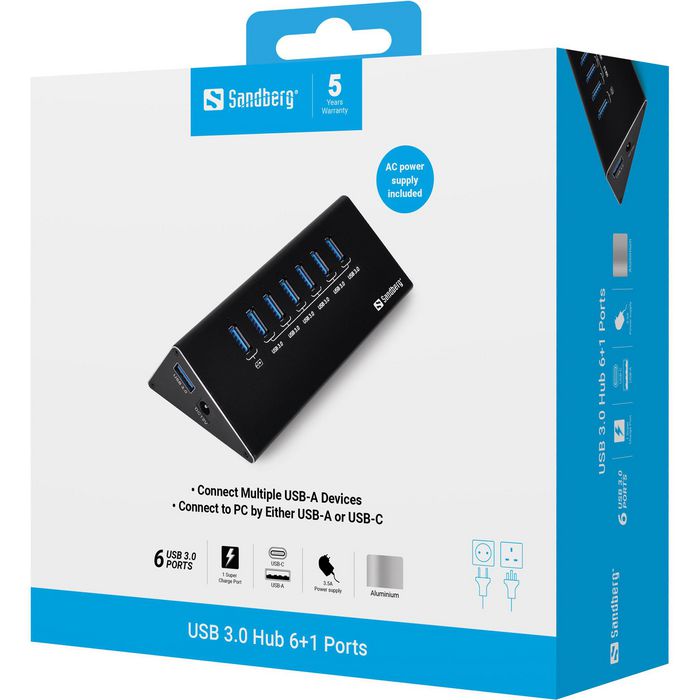 Sandberg Hub USB 3.0 avec 6 ports de données et 1 port de charge - Concentrateur USB pour PC avec alimentation secteur incluse