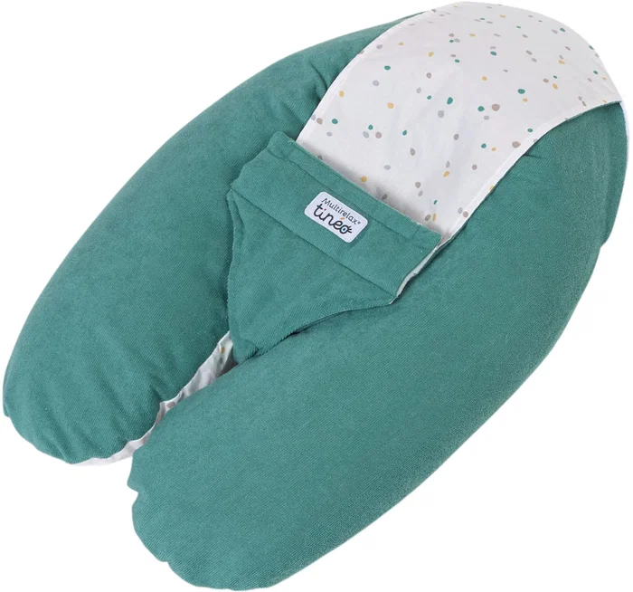 TINEO Coussin de maternité MultiRelax 3-en-1 - Tissu éponge vert pois - Grossesse, allaitement et transat bébé TINEO Coussin de maternité MultiRelax 3-en-1 - Tissu éponge vert pois - Grossesse, allaitement et transat bébé