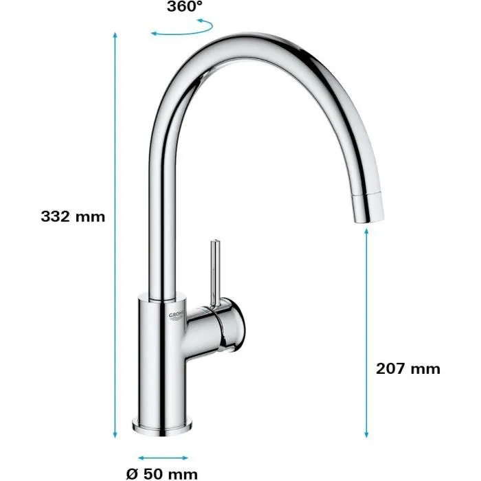 GROHE Mitigeur Monocommande pour Évier - Gris Métal - Hauteur 332 mm - Profondeur 223 mm