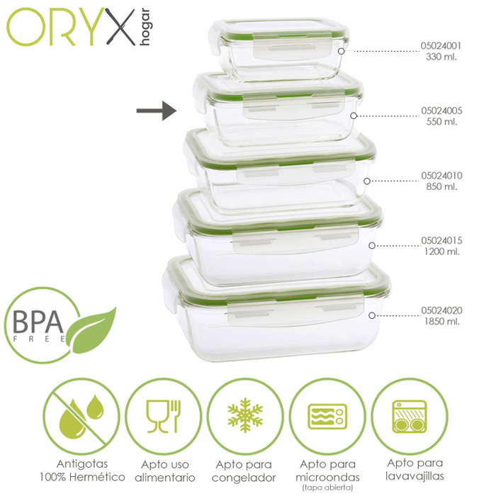 ORYX Recipiente Hermétique en Verre de Borosilicate Rectangulaire 550 ml