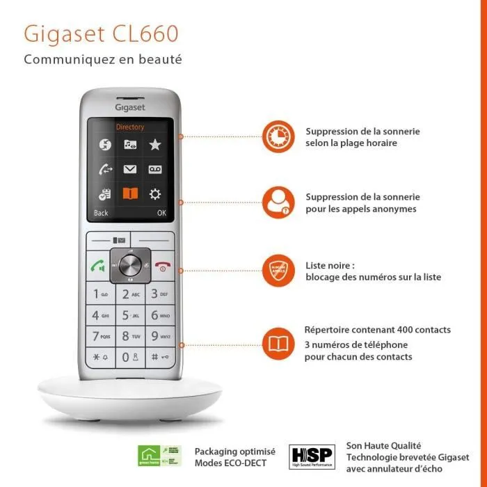 Gigaset CL 660 - Téléphone fixe blanc avec écran couleur rétroéclairé 2.4", répertoire 400 contacts et base séparée modulable - Fabriqué en Allemagne Gigaset CL 660 - Téléphone fixe blanc avec écran couleur rétroéclairé 2.4", répertoire 400 contacts et base séparée modulable - Fabriqué en Allemagne