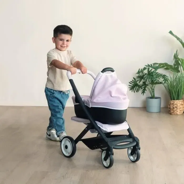Smoby Poussette 3 en 1 avec Landau Nacelle Rose Compatible Maxi-Cosi pour Bébé et Poupon à partir de 3 ans, Panier de Rangement, Roues Multidirectionnelles