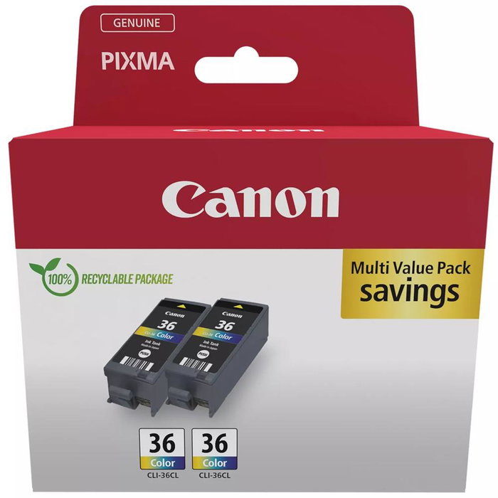 Canon CLI-36 Multipack Cartouches d'encre Couleur Cyan, Magenta, Jaune (Lot de 2) - Compatible PIXMA Canon CLI-36 Multipack Cartouches d'encre Couleur Cyan, Magenta, Jaune (Lot de 2) - Compatible PIXMA