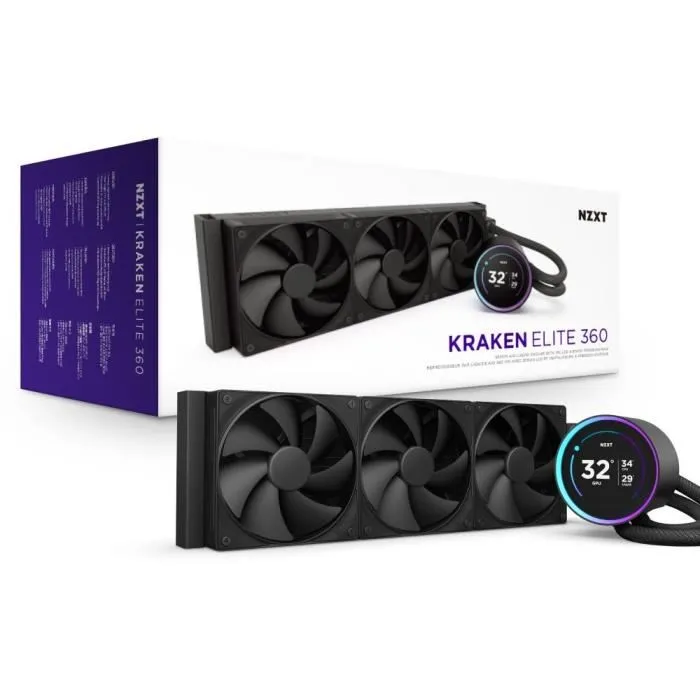 NZXT Kraken Elite 360 RL-KN36E-B2 - Kit de watercooling LCD avec écran 2,72 pouces, anneau RGB personnalisable, ventilateurs RGB Core - Noir