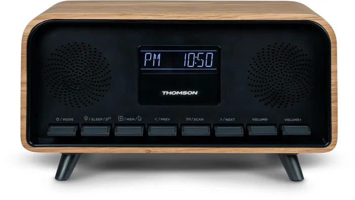 Thomson - Radio réveil Vintage Cosy avec Bluetooth, DAB+, écran LCD réglable, double alarme et design rétro en bois marron Thomson - Radio réveil Vintage Cosy avec Bluetooth, DAB+, écran LCD réglable, double alarme et design rétro en bois marron