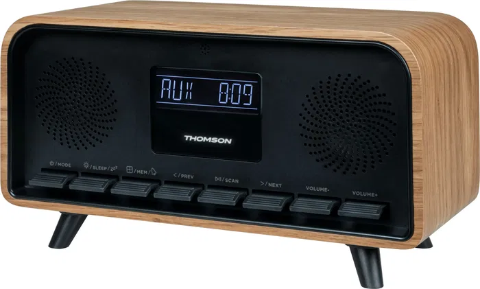 Thomson - Radio réveil Vintage Cosy avec Bluetooth, DAB+, écran LCD réglable, double alarme et design rétro en bois marron Thomson - Radio réveil Vintage Cosy avec Bluetooth, DAB+, écran LCD réglable, double alarme et design rétro en bois marron