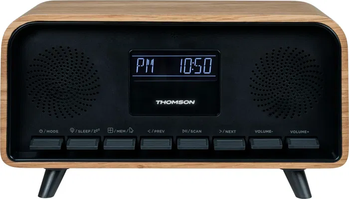 Thomson - Radio réveil Vintage Cosy avec Bluetooth, DAB+, écran LCD réglable, double alarme et design rétro en bois marron Thomson - Radio réveil Vintage Cosy avec Bluetooth, DAB+, écran LCD réglable, double alarme et design rétro en bois marron