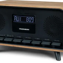 Thomson - Radio réveil Vintage Cosy avec Bluetooth, DAB+, écran LCD réglable, double alarme et design rétro en bois marron