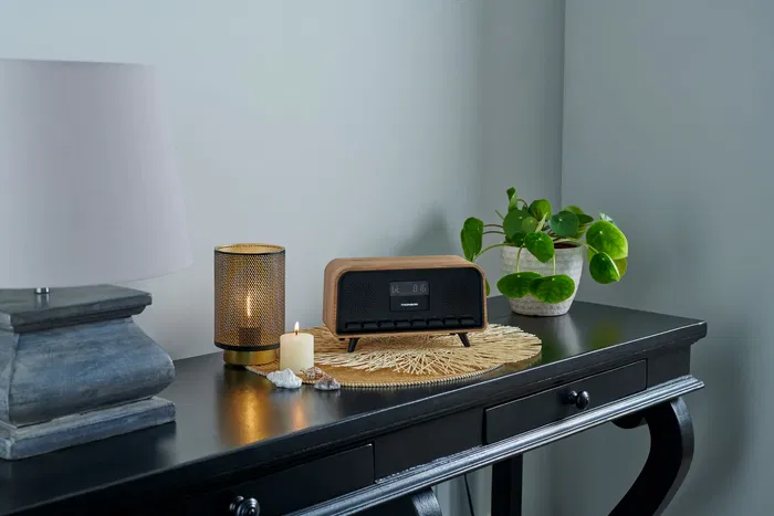Thomson - Radio réveil Vintage Cosy avec Bluetooth, DAB+, écran LCD réglable, double alarme et design rétro en bois marron Thomson - Radio réveil Vintage Cosy avec Bluetooth, DAB+, écran LCD réglable, double alarme et design rétro en bois marron