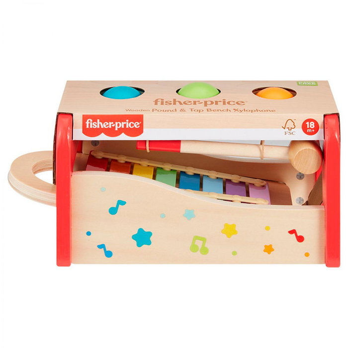 Fisher-Price Xilófono Banco De Madera Jouet Musical avec Xylophone et Percussion pour Enfants Développement Motricité Fine Bois FSC Réf. Hxt88