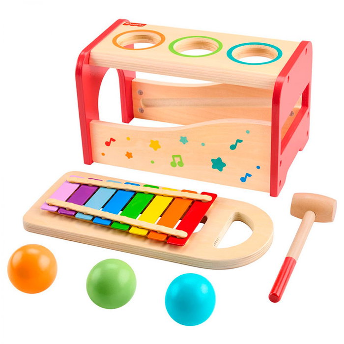 Fisher-Price Xilófono Banco De Madera Jouet Musical avec Xylophone et Percussion pour Enfants Développement Motricité Fine Bois FSC Réf. Hxt88