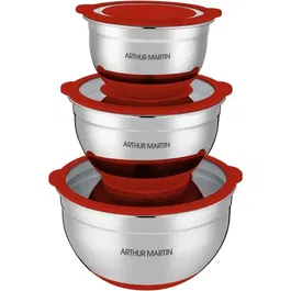 Arthur Martin AM032 Ensemble de 3 Saladiers Inox avec Couvercles Hermétiques 16-20-24 cm, Gradués, Fond en Silicone Anti-dérapant