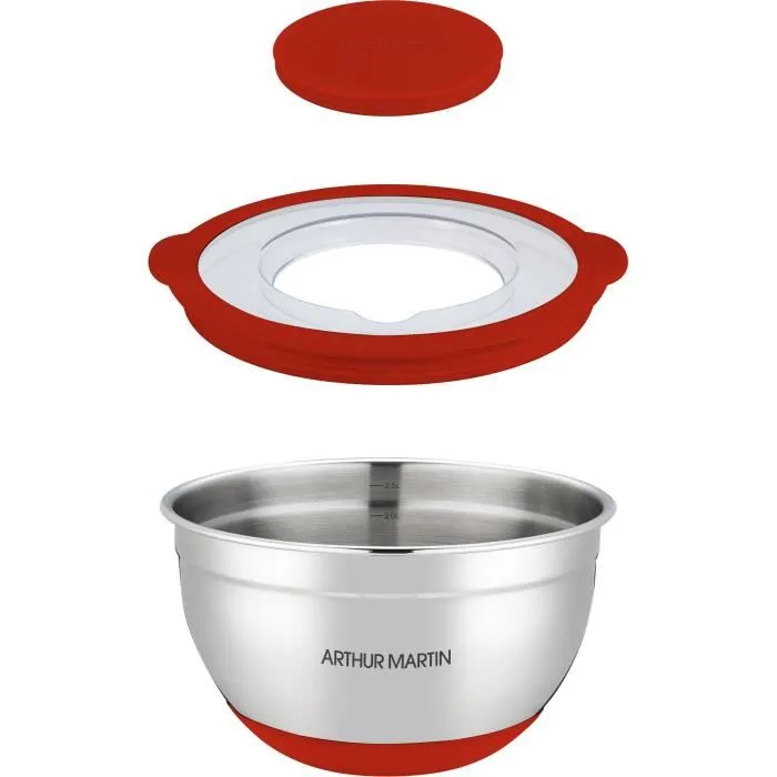 Arthur Martin AM032 Ensemble de 3 Saladiers Inox avec Couvercles Hermétiques 16-20-24 cm, Gradués, Fond en Silicone Anti-dérapant