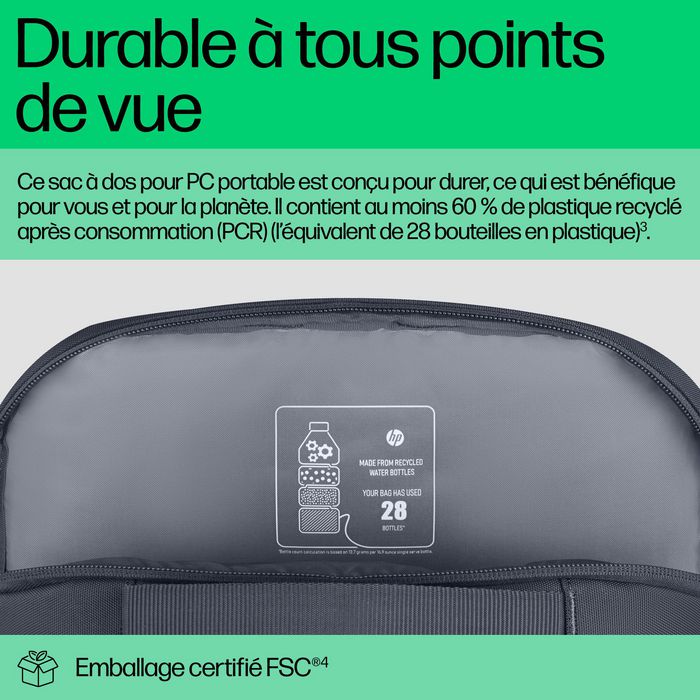 HP Sac à dos pour PC portable Everyday 16 pouces - Compartiment matelassé, 21 L, résistant à l'eau, Polyester 600D, Matériaux recyclés