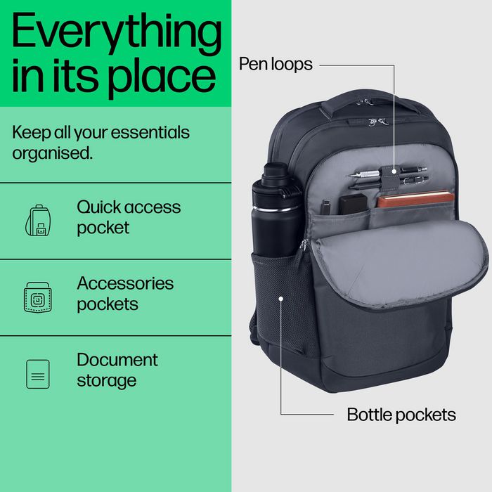 HP Sac à dos pour PC portable Everyday 16 pouces - Compartiment matelassé, 21 L, résistant à l'eau, Polyester 600D, Matériaux recyclés