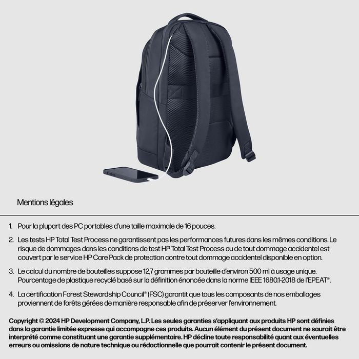 HP Sac à dos pour PC portable Everyday 16 pouces - Compartiment matelassé, 21 L, résistant à l'eau, Polyester 600D, Matériaux recyclés