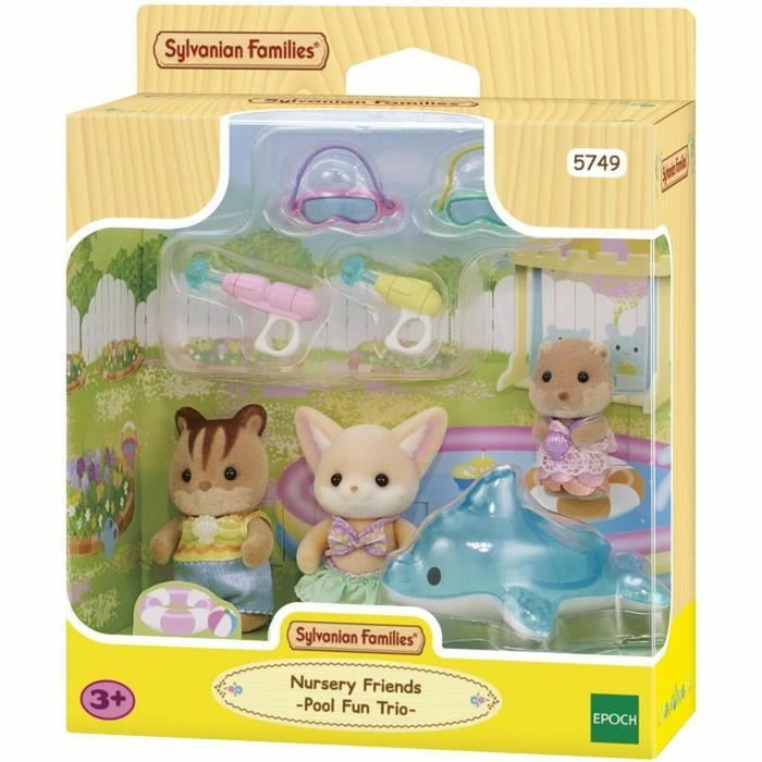 Sylvanian Families 5749 Le trio des bébés à la piscine avec bébés Écureuil Roux, Fennec, Loutre, pistolets à eau, masques et bouée dauphin