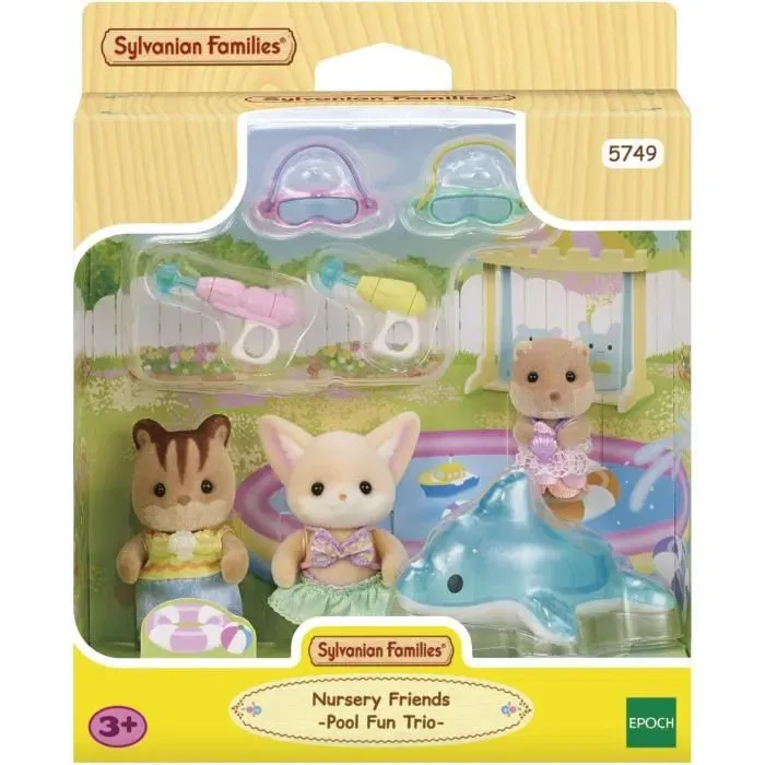Sylvanian Families 5749 Le trio des bébés à la piscine avec bébés Écureuil Roux, Fennec, Loutre, pistolets à eau, masques et bouée dauphin