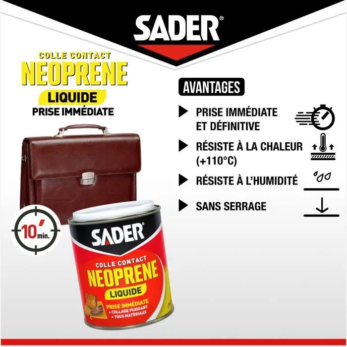 Sader - Colle contact Néoprène liquide extra forte - Pour bois, caoutchouc, cuir, liège, plastique et métal - Prise immédiate - Boîte 750 ml