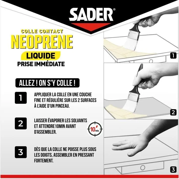 Sader - Colle contact Néoprène liquide extra forte - Pour bois, caoutchouc, cuir, liège, plastique et métal - Prise immédiate - Boîte 750 ml
