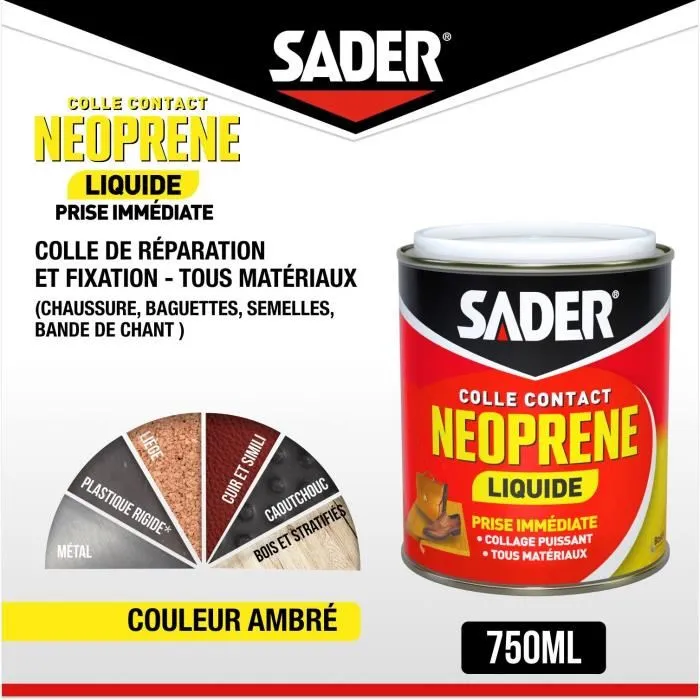 Sader - Colle contact Néoprène liquide extra forte - Pour bois, caoutchouc, cuir, liège, plastique et métal - Prise immédiate - Boîte 750 ml