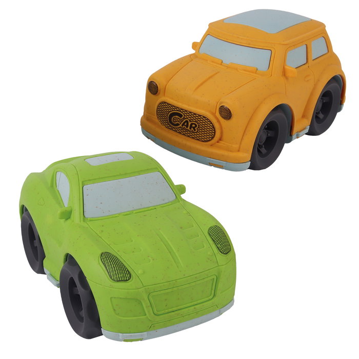 Pack de deux voitures écologiques et biosourcées TACHAN T01041 pour enfants, en paille de blé, modèle Ferrari et Mini