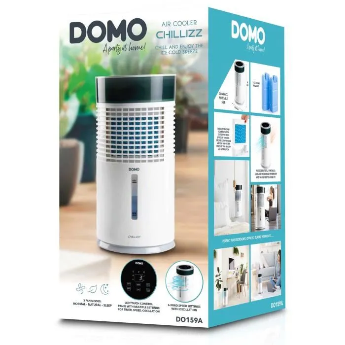DOMO DO159A Refroidisseur d'air, ventilateur et humidificateur multifonctions avec télécommande, oscillation, minuterie, 3 vitesses - 61 dB - 9.6 W - 2.5 kg - Blanc et noir DOMO DO159A Refroidisseur d'air, ventilateur et humidificateur multifonctions avec télécommande, oscillation, minuterie, 3 vitesses - 61 dB - 9.6 W - 2.5 kg - Blanc et noir