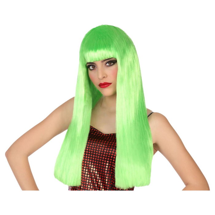 BigBuy Carnival Perruque Longue Lisse Verte avec Frange 60cm