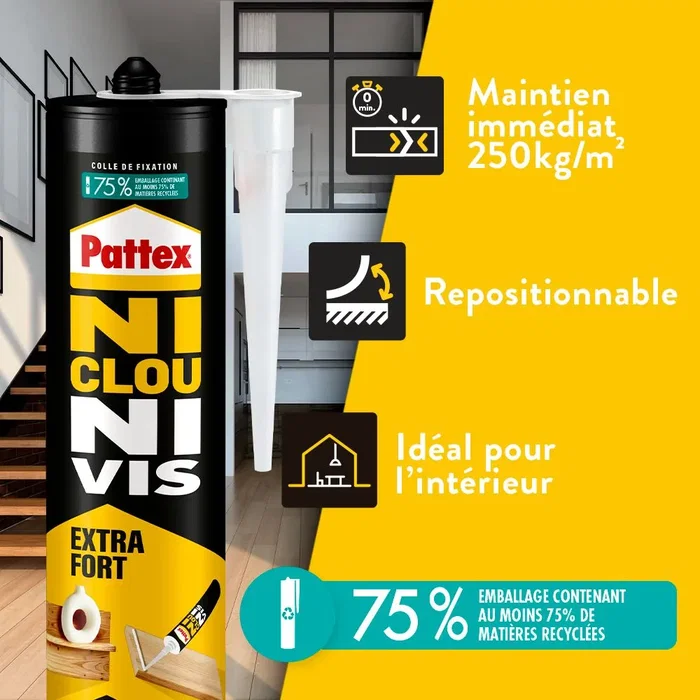 Pattex - Colle de fixation extra forte Ni Clou Ni Vis - Bois et multiples matériaux - Cartouche 380g - Lot de 2 + 1 gratuite Pattex - Colle de fixation extra forte Ni Clou Ni Vis - Bois et multiples matériaux - Cartouche 380g - Lot de 2 + 1 gratuite