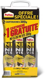 Pattex - Colle de fixation extra forte Ni Clou Ni Vis - Bois et multiples matériaux - Cartouche 380g - Lot de 2 + 1 gratuite