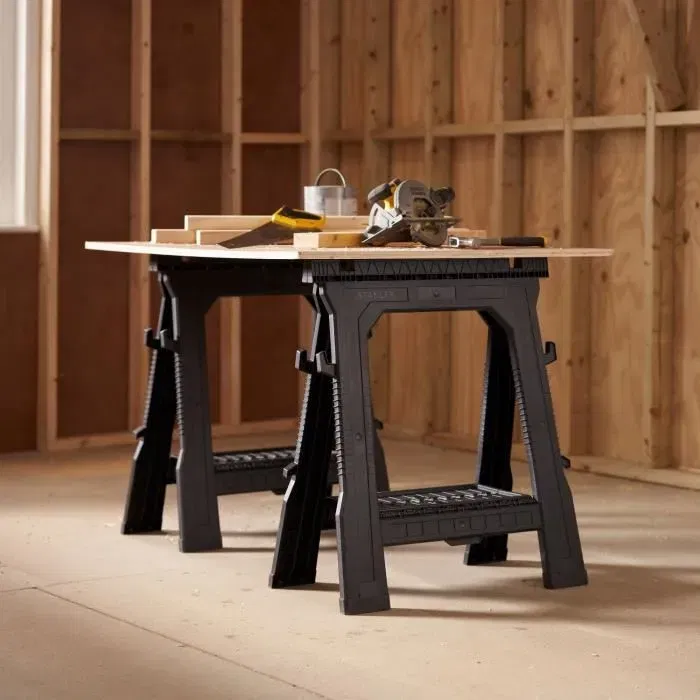 Stanley STST1-70713 Lot de 2 tréteaux pliables professionnels, charge 450kg, longueur 70cm, noir, garantie 2 ans