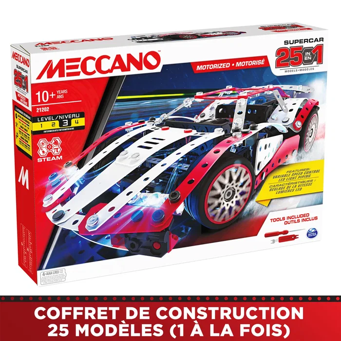 Bandai Meccano Supervoiture Coffret de Construction 25 Modèles en 1 - APM20105, 225 Pièces, avec Outils, pour Enfants dès 10 Ans
