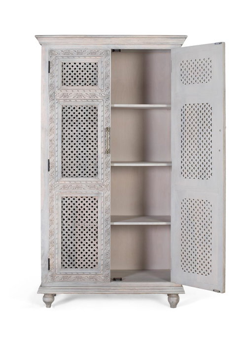 GINER Y COLOMER - Armadio de 2 portes en bois massif de manguier avec finition vieillie, travail artisanal, blanc lavé