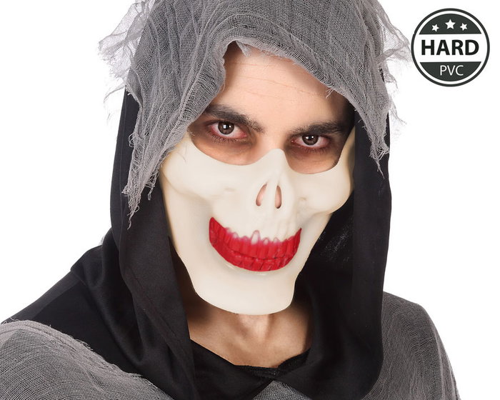 Masque de Squelette Blanc Halloween avec Capuche Noire et Sourire Sarcastique pour Homme, Déguisement Macabre et Effrayant pour Fête Masque de Squelette Blanc Halloween avec Capuche Noire et Sourire Sarcastique pour Homme, Déguisement Macabre et Effrayant pour Fête