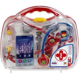 KLEIN Mallette Docteur Enfant 3 ans - Accessoires Jouets (Stéthoscope, Otoscope, Téléphone, Thermomètre Électronique Sonore et Lumineux) - Rouge - Réf. 4368