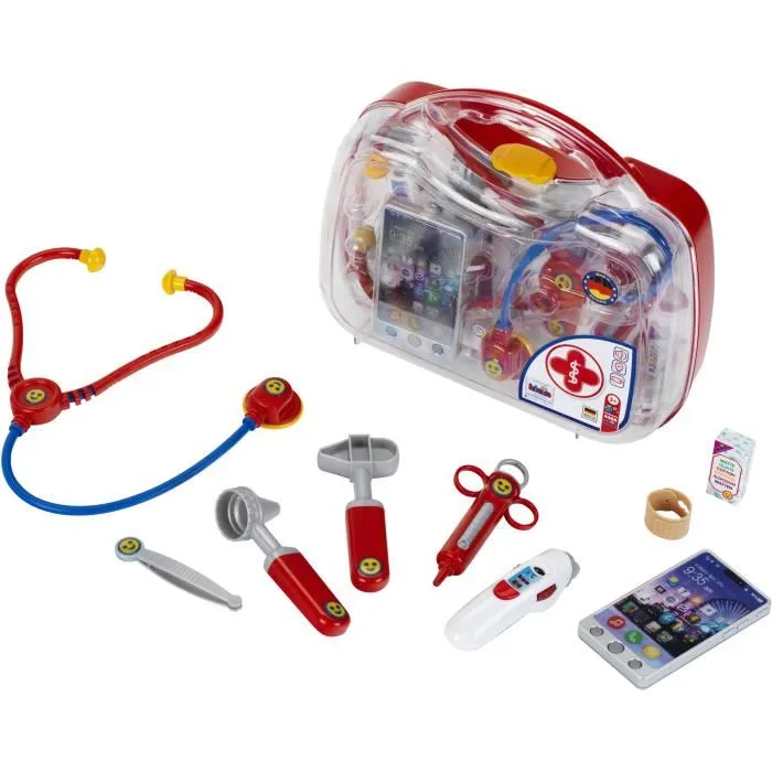KLEIN Mallette Docteur Enfant 3 ans - Accessoires Jouets (Stéthoscope, Otoscope, Téléphone, Thermomètre Électronique Sonore et Lumineux) - Rouge - Réf. 4368