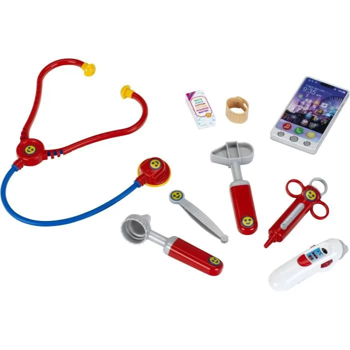 KLEIN Mallette Docteur Enfant 3 ans - Accessoires Jouets (Stéthoscope, Otoscope, Téléphone, Thermomètre Électronique Sonore et Lumineux) - Rouge - Réf. 4368