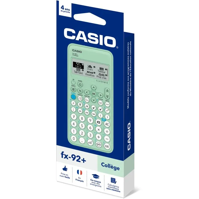 CASIO FX-92+ College - Calculatrice scientifique verte, écran 5 lignes haute résolution, pile LR03 incluse